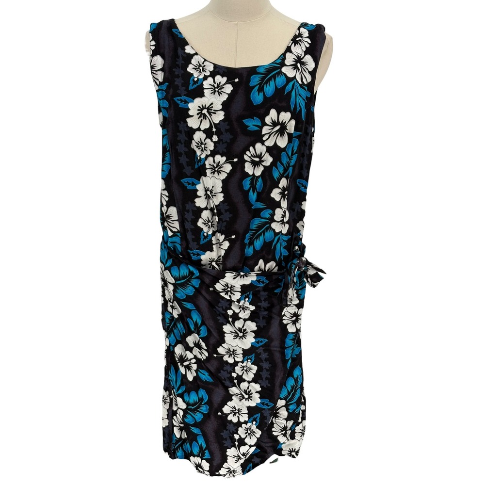 Black Floral Midi Dress with Blue Accents - Sleeveless Tie-Waist
